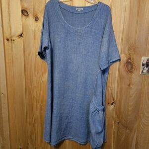 Couleur Lin Size 46 Light Blue Linen Dress with Pocket